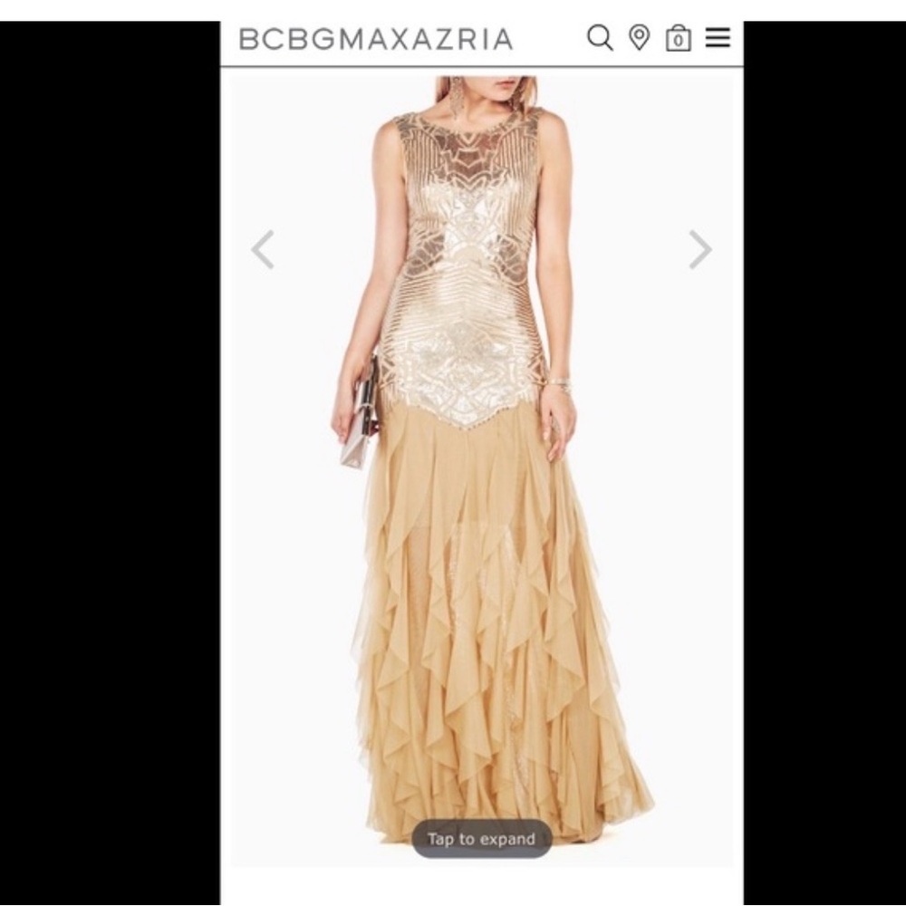 BCBGMaxAzria Gold and Cream “Fairy” Bodycon Asymmetrical Dress